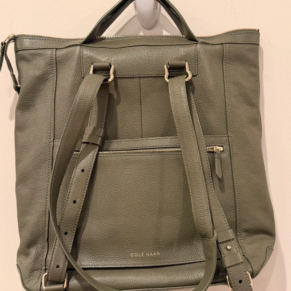 Cole Haan Grand Ambition Olive Green Pebbled Leather Backpack Bag Gold Hardware